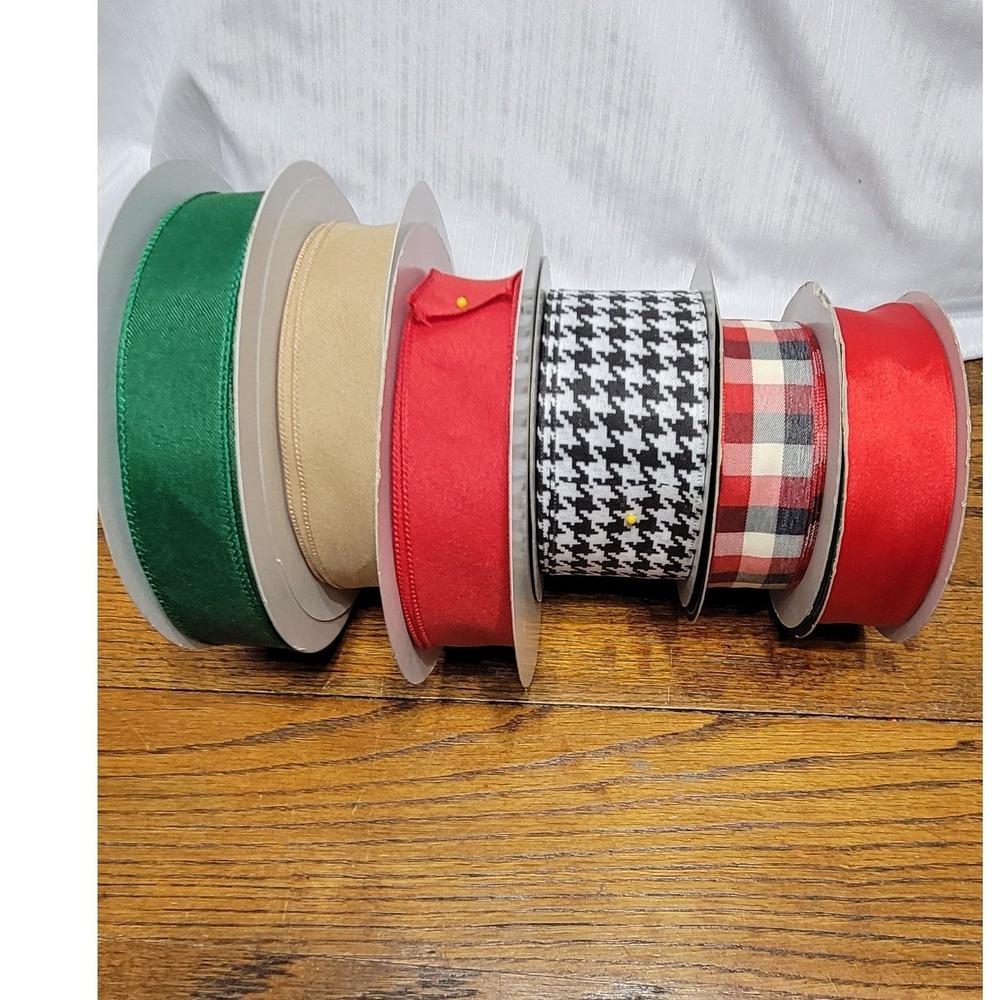 Wired Edge Ribbon Lot of 6 Used Houndstooth Plaid Red Green Tan Wreath and Bow